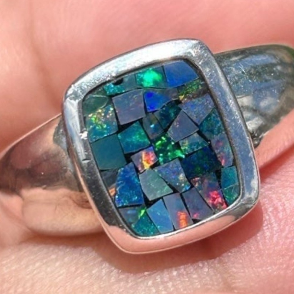 Vintage Sterling Silver Opal Mosaic  Whitney Kelly fire Opal Mosaic Ring size 8